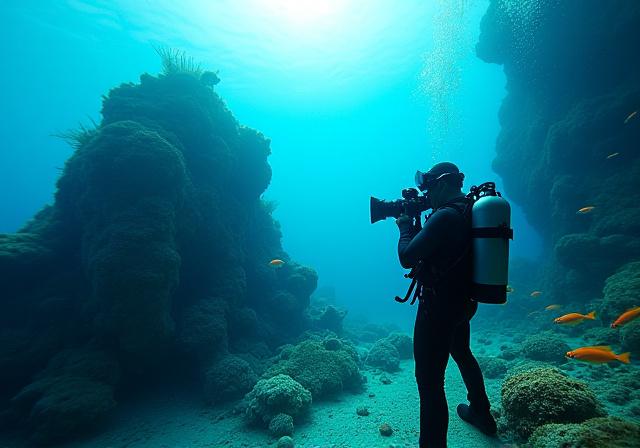 An underwater photographer with professional camera gear near a coral formation.
