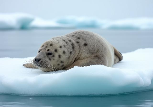 A curious harbor seal resting on a piece of floating ice.